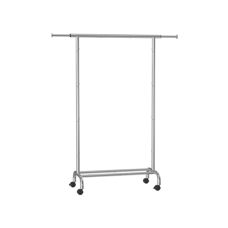 Studio shot of the Songmics extendable silver clothes rail on wheels