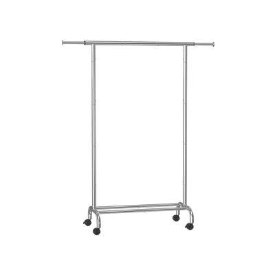 Studio shot of the Songmics extendable silver clothes rail on wheels