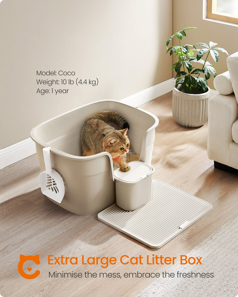 Close-up of the high walls and open top on the cappuccino cat litter box