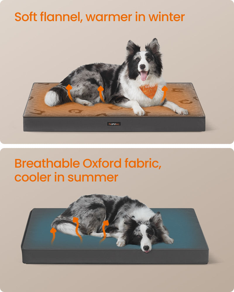 Feandrea orthopaedic dog bed showing flannel top surface with paw print pattern
