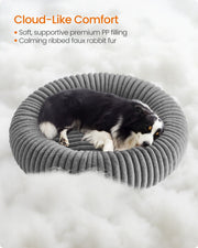 Cloud-like comfort infographic showing the PP filling and ribbed faux rabbit fur inside the Feandrea pet bed