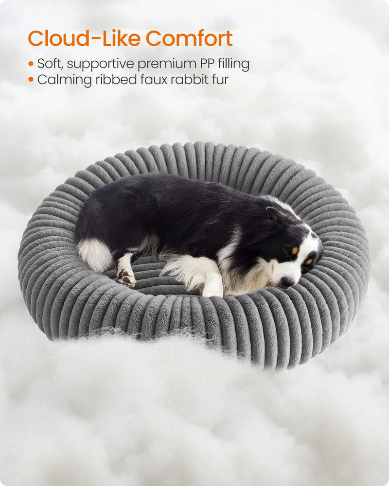 Cloud-like comfort infographic showing the PP filling and ribbed faux rabbit fur inside the Feandrea pet bed