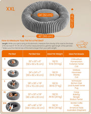 Feandrea pet bed size chart comparing S, M, L, XL and XXL dimensions and ideal pet weight