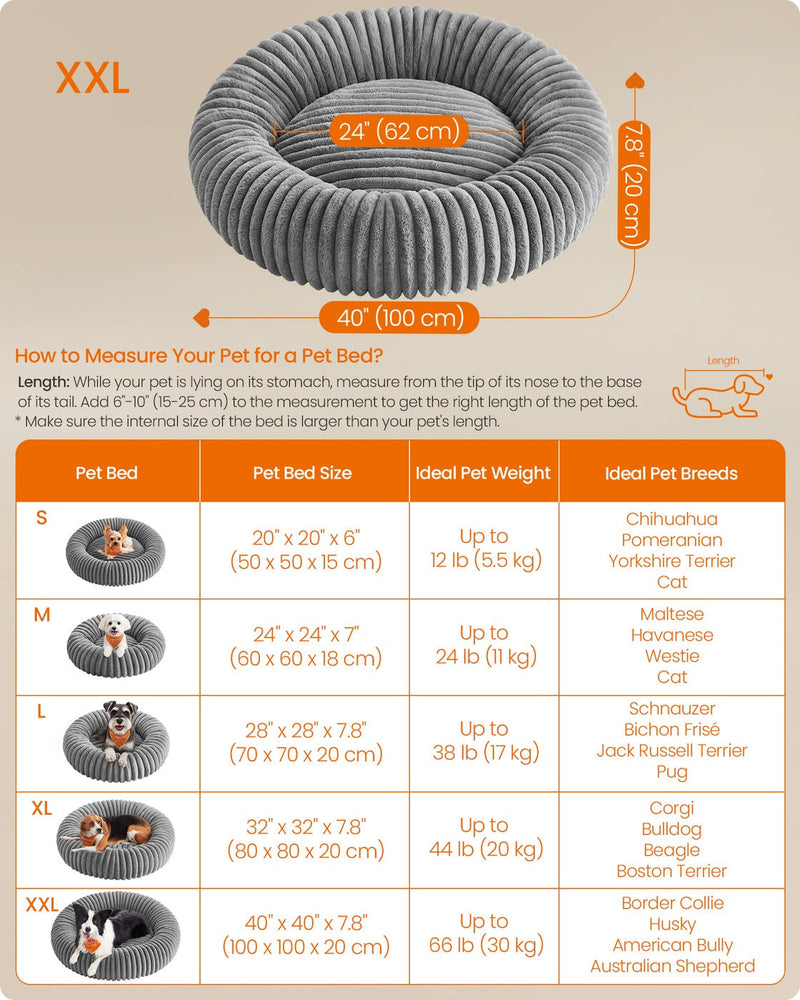 Feandrea pet bed size chart comparing S, M, L, XL and XXL dimensions and ideal pet weight
