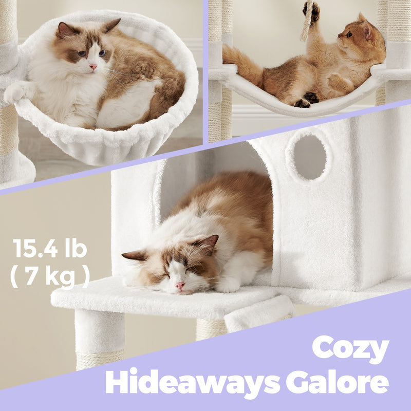 Cat resting inside the cave of the white cat tree tower