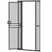 Black cat gate with the walk-through door swung open on a white background