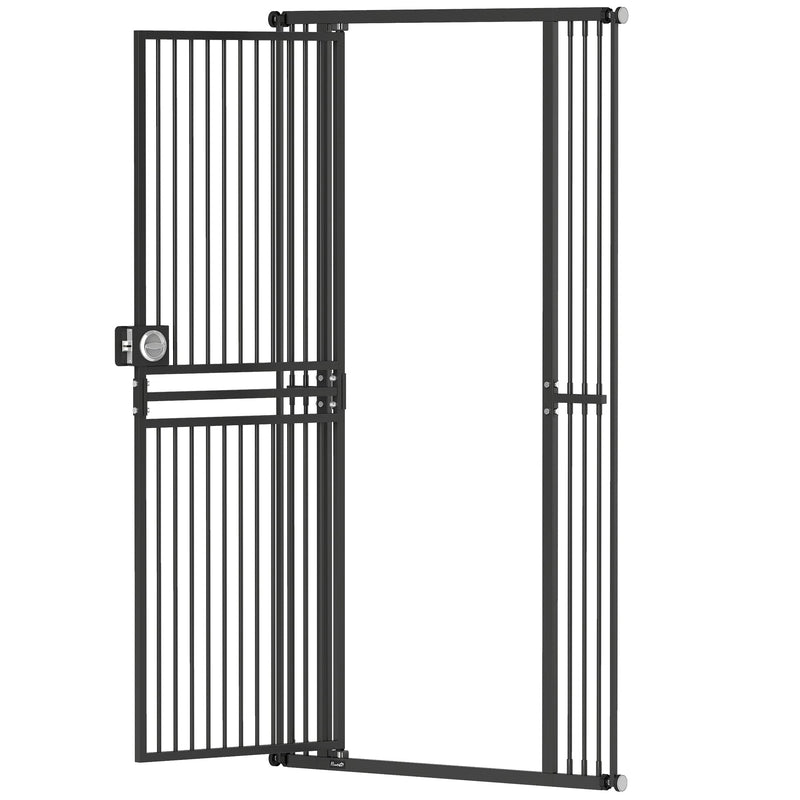Black cat gate with the walk-through door swung open on a white background