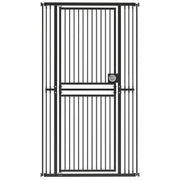 Black extra tall cat gate with walk-through door and pull-ring latch on a white background