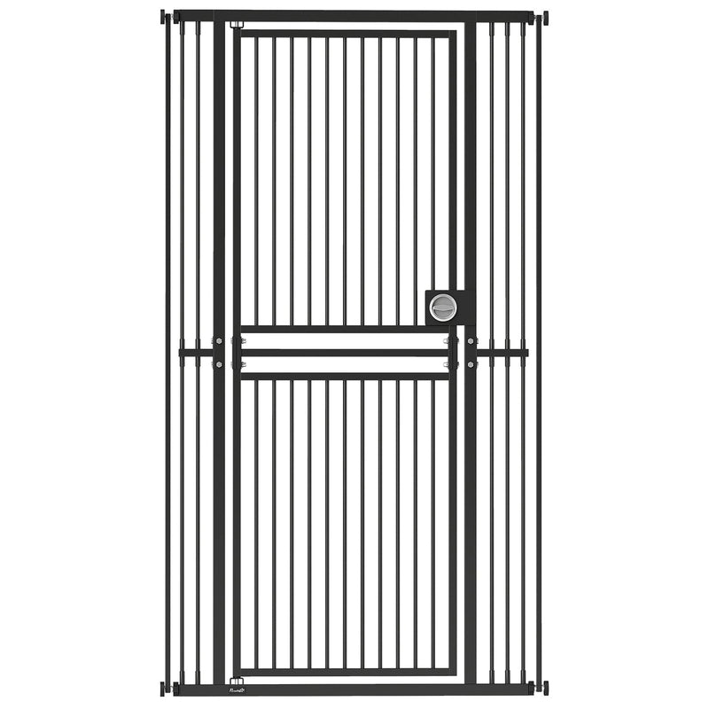 Black extra tall cat gate with walk-through door and pull-ring latch on a white background