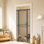 Black cat gate fitted in a nursery doorway with two cats at the bars