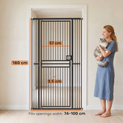 Cat gate dimensions diagram showing 180cm height, 57cm door width and 3.5cm bar spacing