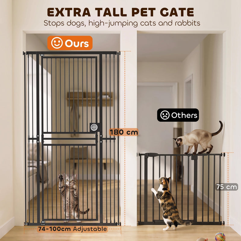 Comparison of the 180cm extra tall gate beside a standard 75cm gate that a cat is jumping over