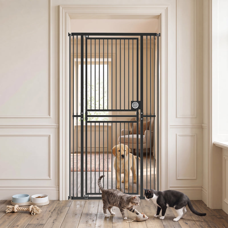 Black cat gate in a doorway keeping a dog on one side while two cats stay on the other