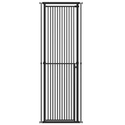 Black extra tall pet gate with a walk-through door on a white background