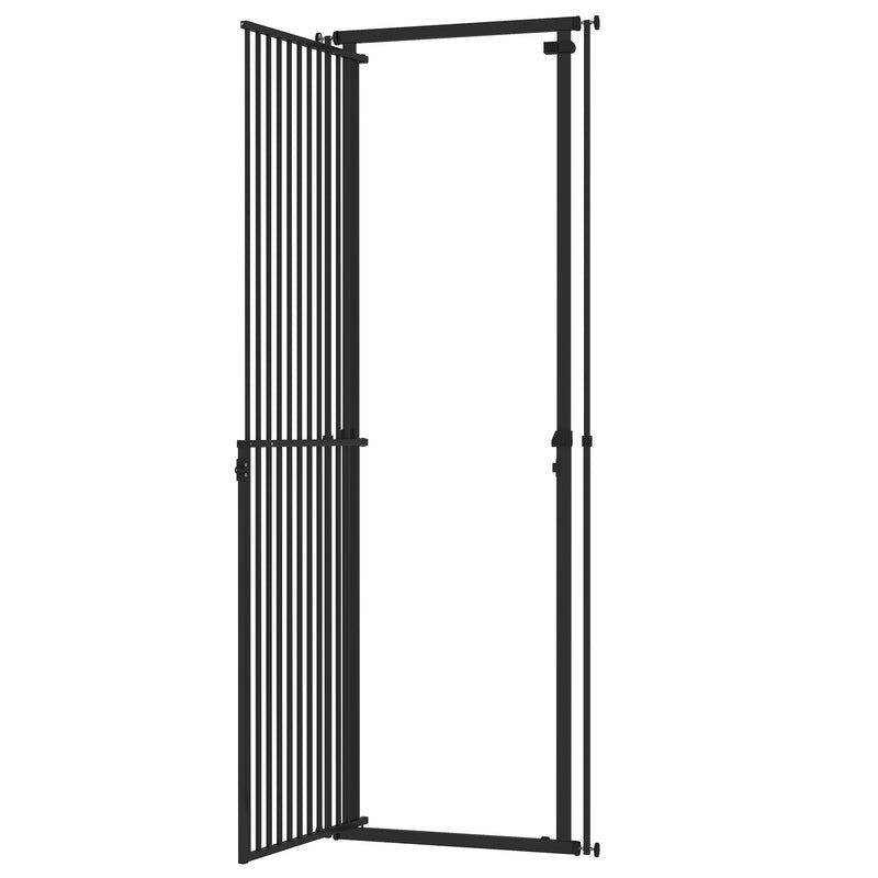 Black pet gate with its walk-through door swung open on a white background