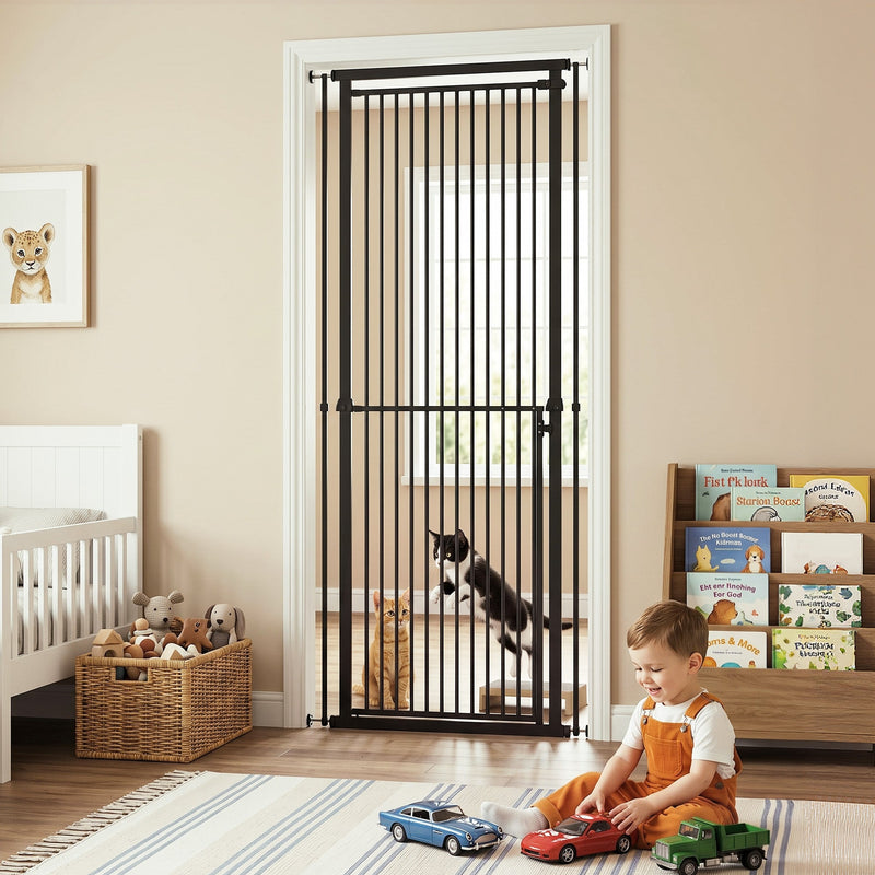 Black pet gate in a child's bedroom doorway with a cat and a toddler playing
