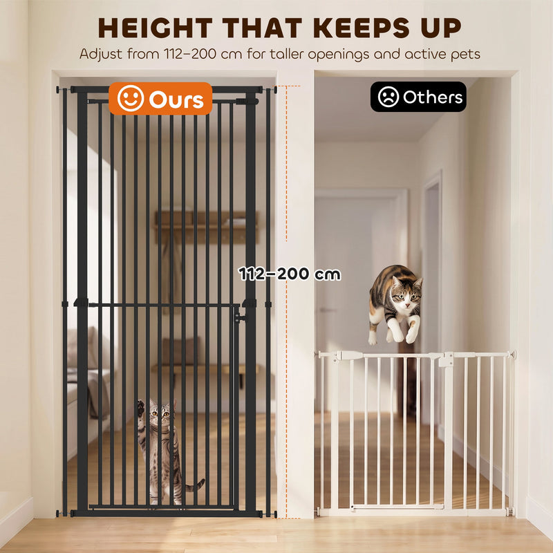 Comparison of the extra tall 112-200 cm gate against a low white gate that a cat jumps over