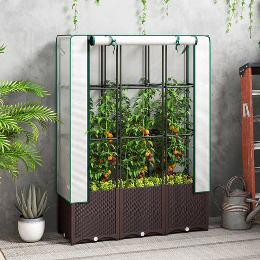 Raised Garden Bed with Trellis Plastic Planter Box with Drainage for Climbing Plants by Outsunny