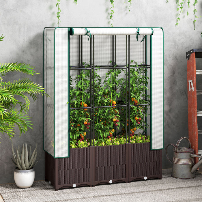 Raised Garden Bed with Trellis Plastic Planter Box with Drainage for Climbing Plants by Outsunny