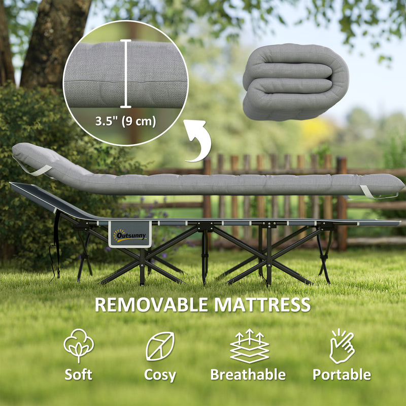 Folding Camp Bed with Thick Mattress and Side Pocket for Outdoor Relaxing Light Grey