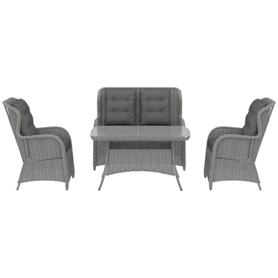 Light Grey 4 Seater Rattan Garden Sofa Set With Cushions and Glass Table by Outsunny