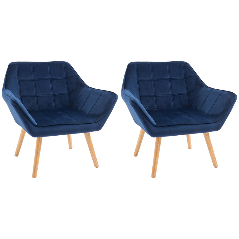 Set of 2 Upholstered Armchairs with Wide Arms and Wooden Legs for Bedroom Seating Blue