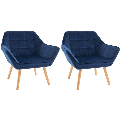 Set of 2 Upholstered Armchairs with Wide Arms and Wooden Legs for Bedroom Seating Blue