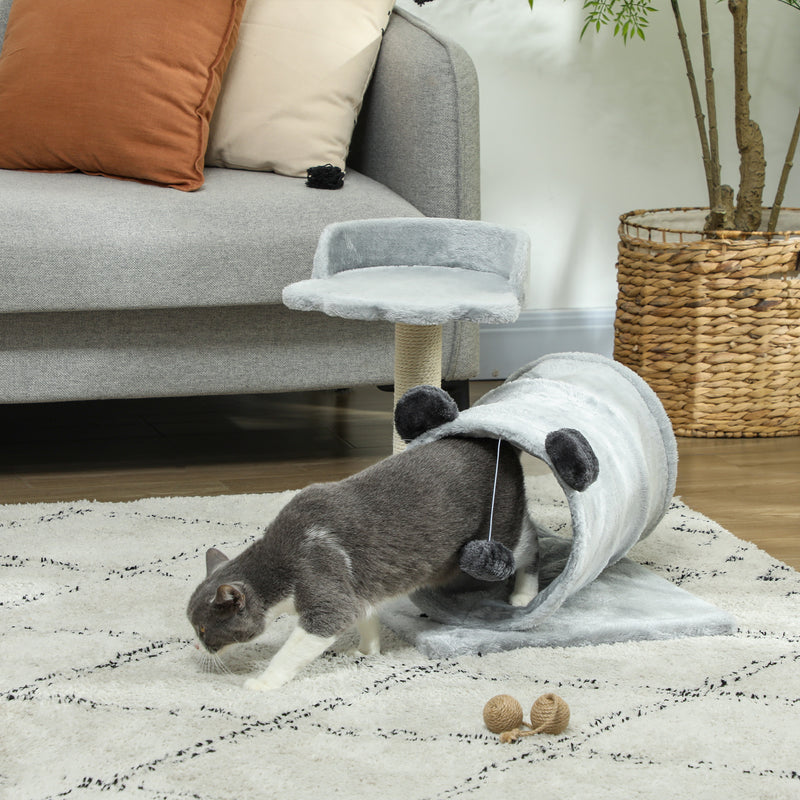 Grey 47cm Small Cat Tree with Scratching Post Bed Tunnel and Toy Ball by PawHut