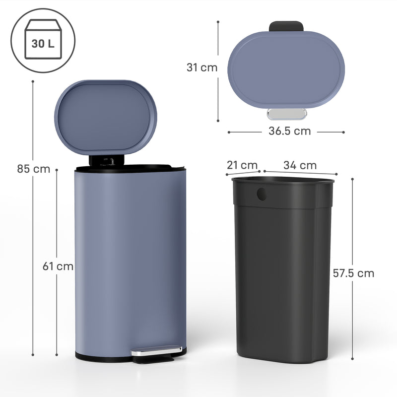 30L Slim Pedal Bin with Soft Close Lid and Removable Bucket for Kitchen or Office Grey
