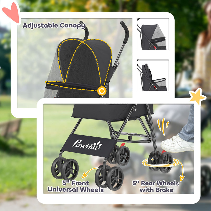 Pet Stroller for Small Dogs or Cats with Foldable Frame and Secure Leash Black AOSOM