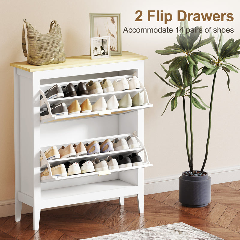 Shoe Storage Cabinet for Narrow Hallways with 2 Flip Drawers and Adjustable Shelves White Oak 80 x 24 x 95.5 cm Homcom