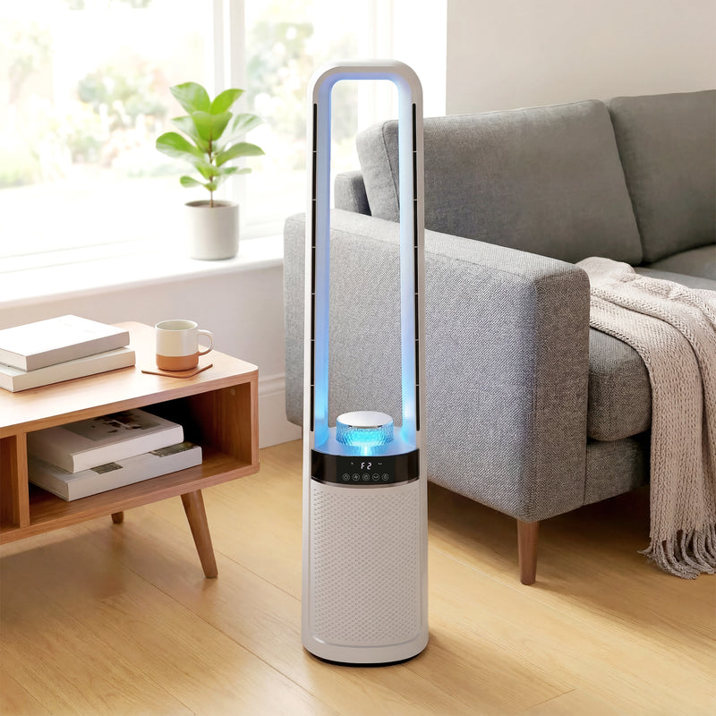 Oscillating Bladeless Tower Fan with Quiet Sleep Mode LED Lights and Remote Control for Bedrooms and Living Rooms, White