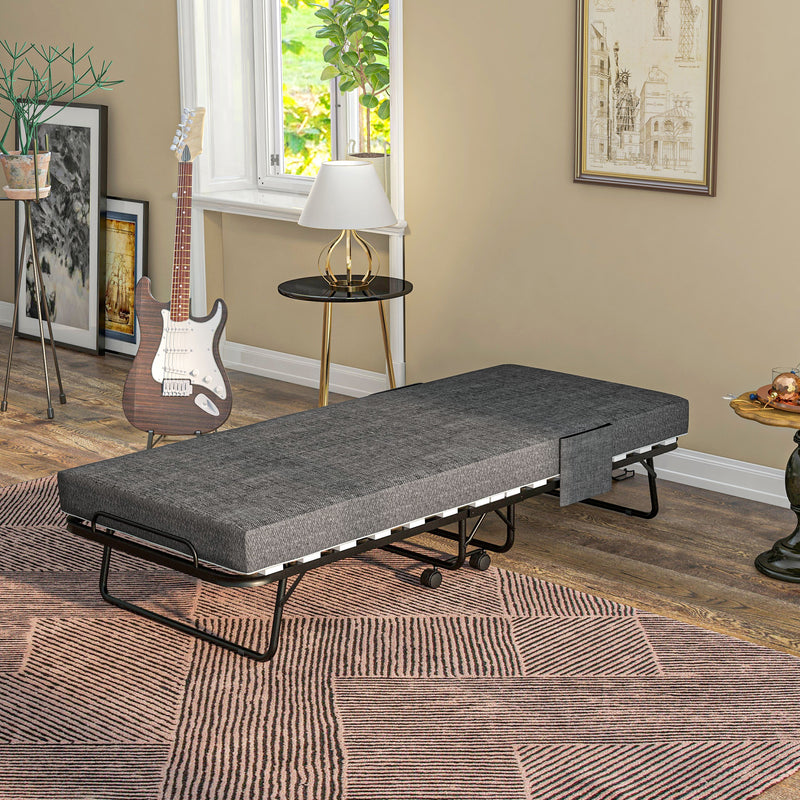 Single Folding Bed with Steel Frame and Wheels Black and Grey by HOMCOM
