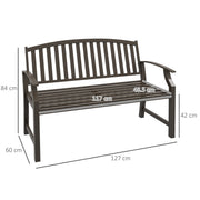 Brown Two Seater Metal Garden Bench with Slatted Design for Patio or Outdoor Use