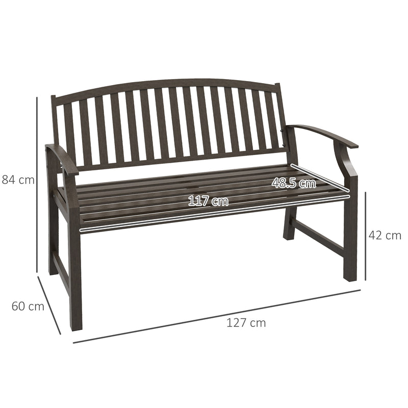 Brown Two Seater Metal Garden Bench with Slatted Design for Patio or Outdoor Use
