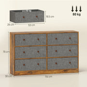6 Drawer Fabric Chest of Drawers with Wooden Top for Bedroom Storage Grey and Rustic Brown