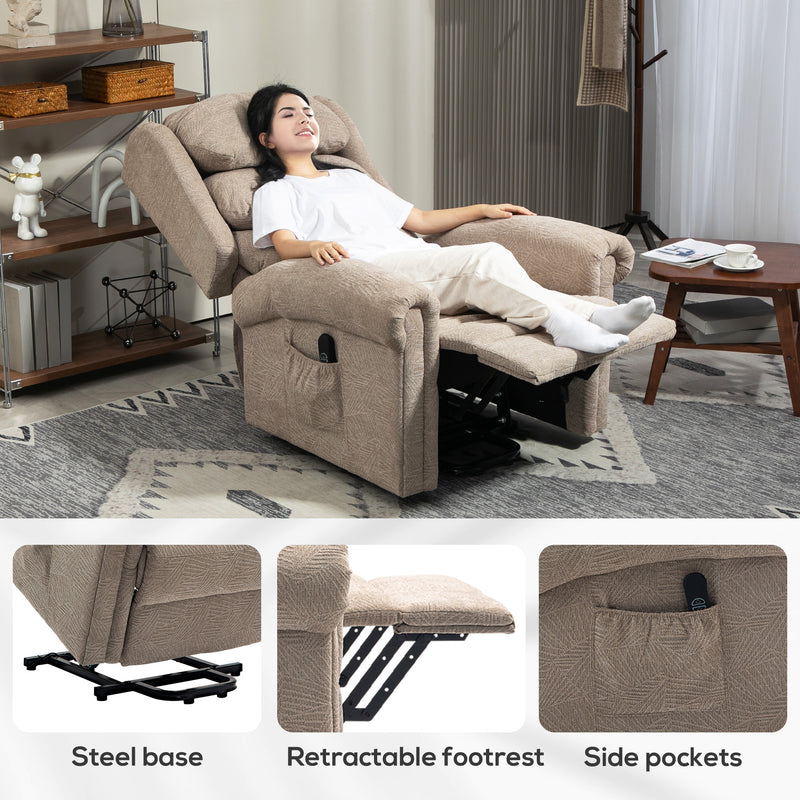 Khaki Velvet Power Lift Recliner Chair for Elderly with Remote and Side Pockets by HOMCOM