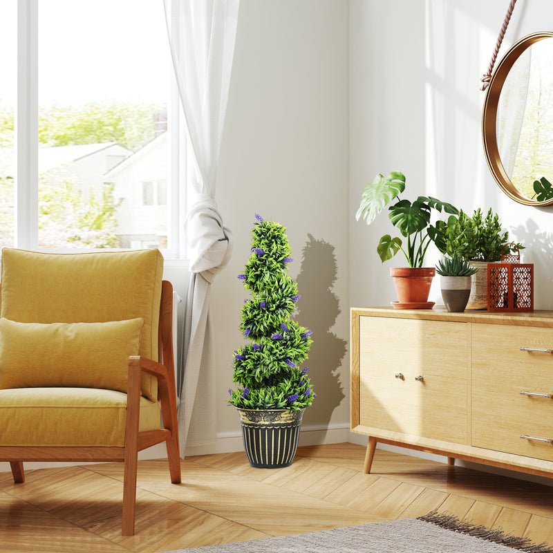 Set of 2 Artificial Boxwood Spiral Topiary Trees with Lavender in Pots 90cm for Indoor Outdoor Decor