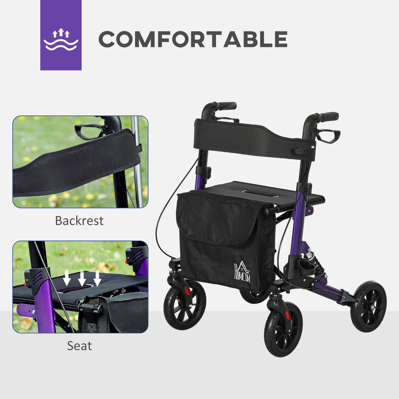 Lightweight Folding Rollator Walker with Seat Backrest Storage and Brakes for Seniors Purple by HOMCOM AOSOM