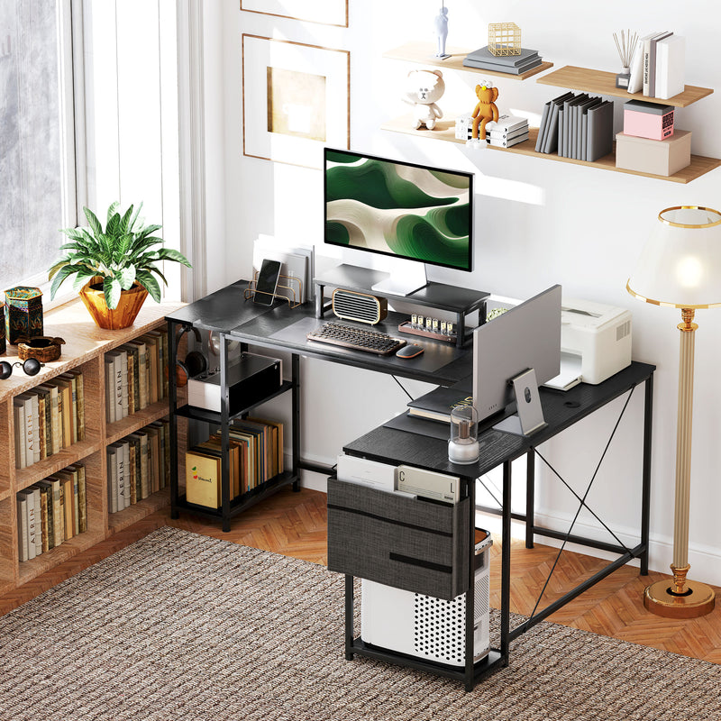 Black L Shaped Corner Desk 168cm with Adjustable Shelf and Storage for Two People by HOMCOM