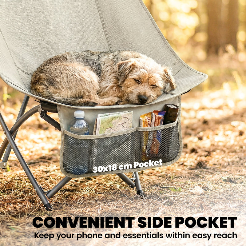 Folding Camping Chair with Instant Setup and Side Pocket for Outdoor Comfort Khaki Grey