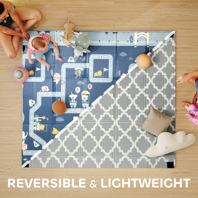 AIYAPLAY Foldable Baby Play Mat, Baby Playpen, Reversible Foam Playmat, Floor Mats for Toddlers, Traffic and Grey Diamond Theme AOSOM