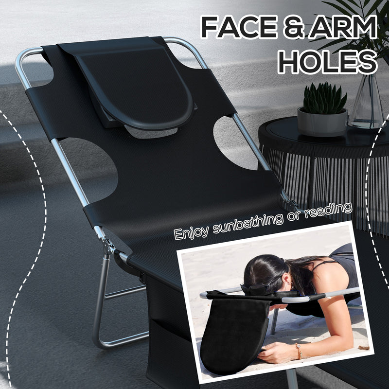 Foldable Sun Loungers Set of 2 with Reading Hole and Adjustable Backrest for Garden Black AOSOM