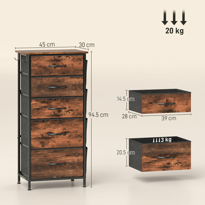 Tall Fabric Chest of 5 Drawers with Wood Top for Bedroom or Closet Storage Rustic Brown