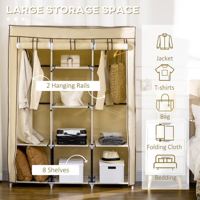 Beige Fabric Portable Wardrobe with 8 Shelves and 2 Hanging Rods by HOMCOM