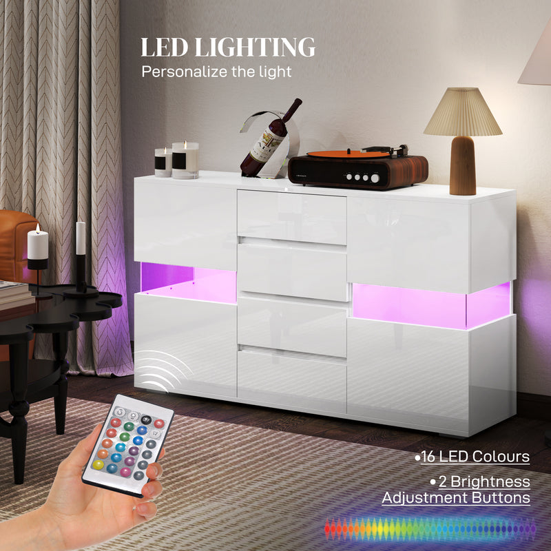 White High Gloss LED Sideboard Cabinet with Storage Shelves and Modern Design