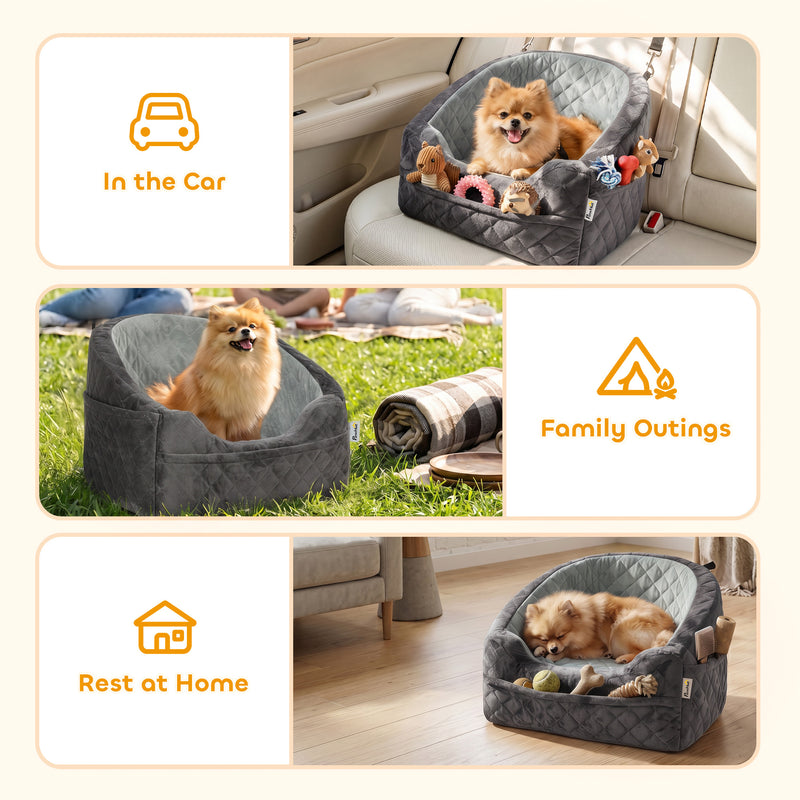 Dog Car Seat for Small Pets with Washable Cover and Adjustable Leash Grey