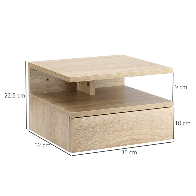 Set of Two Wall Mounted Bedside Tables with Storage Shelves Space Saving Oak Finish