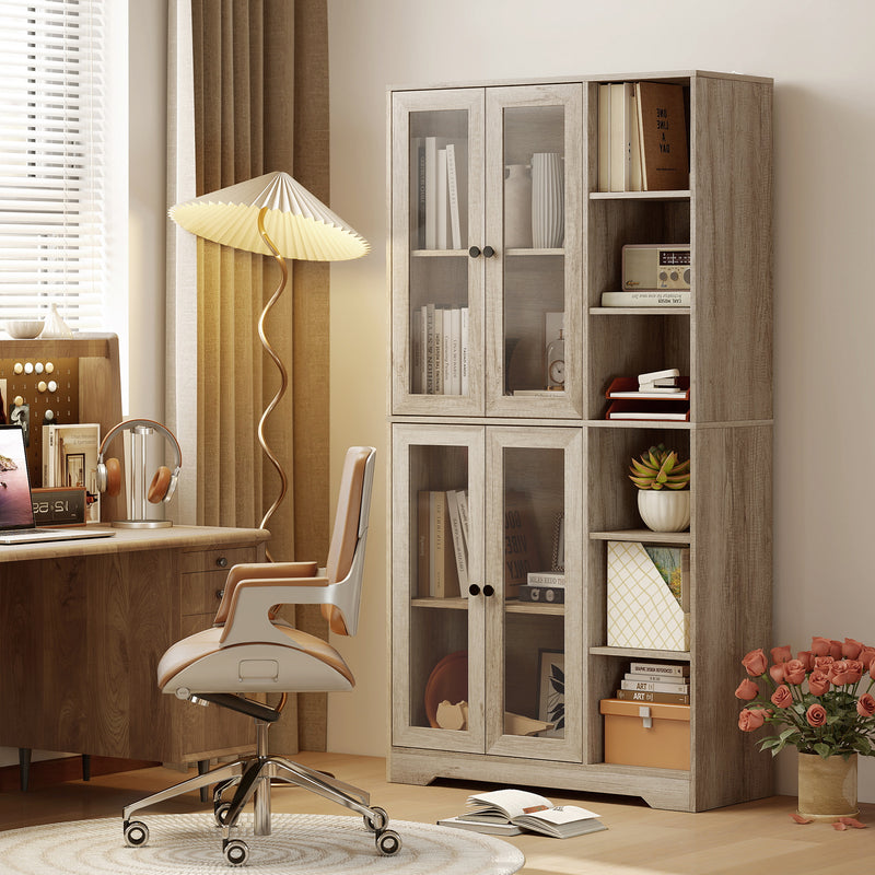 Multi Storage Kitchen Cabinet With Glass Doors And Adjustable Shelves For Home Use Grey