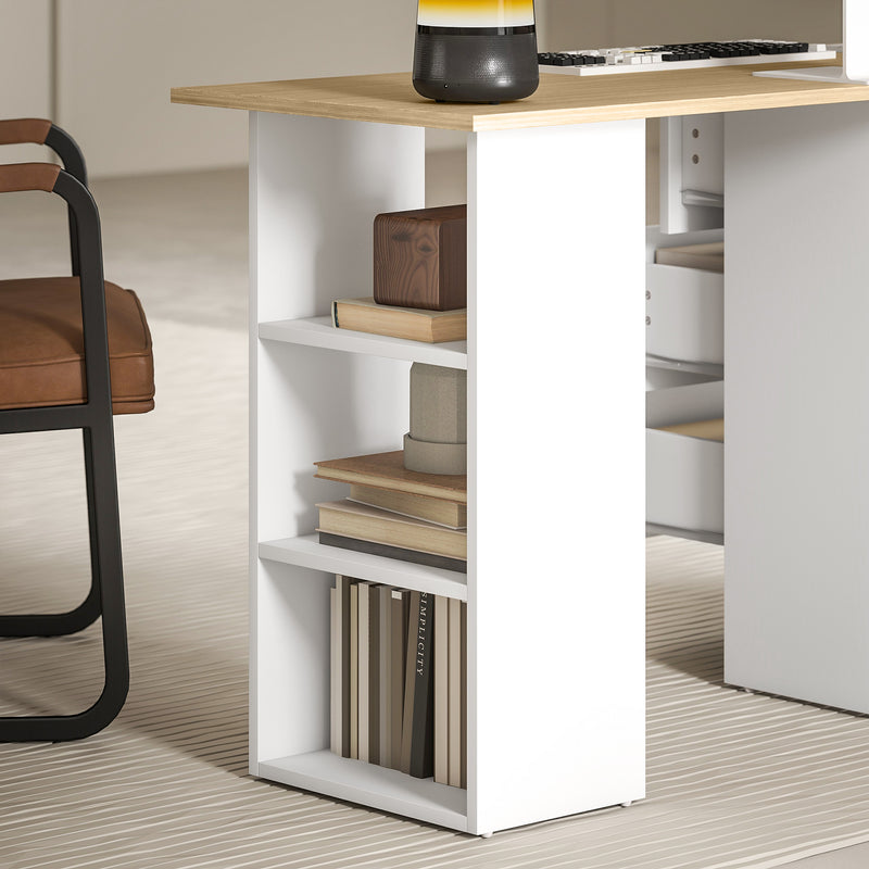 Computer Desk with 3 Storage Shelves and Drawers for Home Office Organisation, Natural Wood White